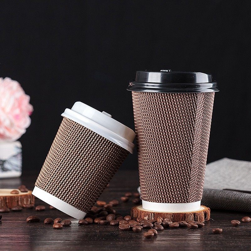 一次性咖啡纸杯带盖高档商用加厚防烫瓦楞杯奶茶杯子热饮杯500只