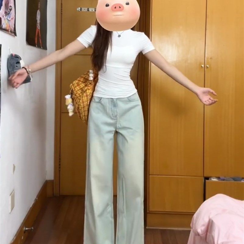 美式怀旧浅色高腰牛仔裤女夏季2024薄款宽松直筒垂感小个子阔腿裤