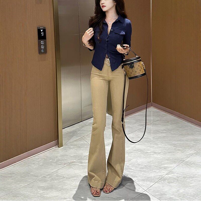 中低腰腰带微喇牛仔裤女2025夏季卡其色修身显瘦显高弹力喇叭长裤