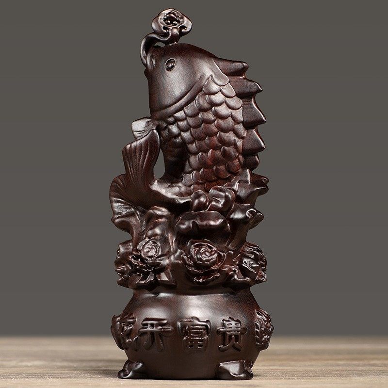 黑檀木雕年年有余聚宝盆摆件实木质家居客厅电视柜酒柜装饰工艺品