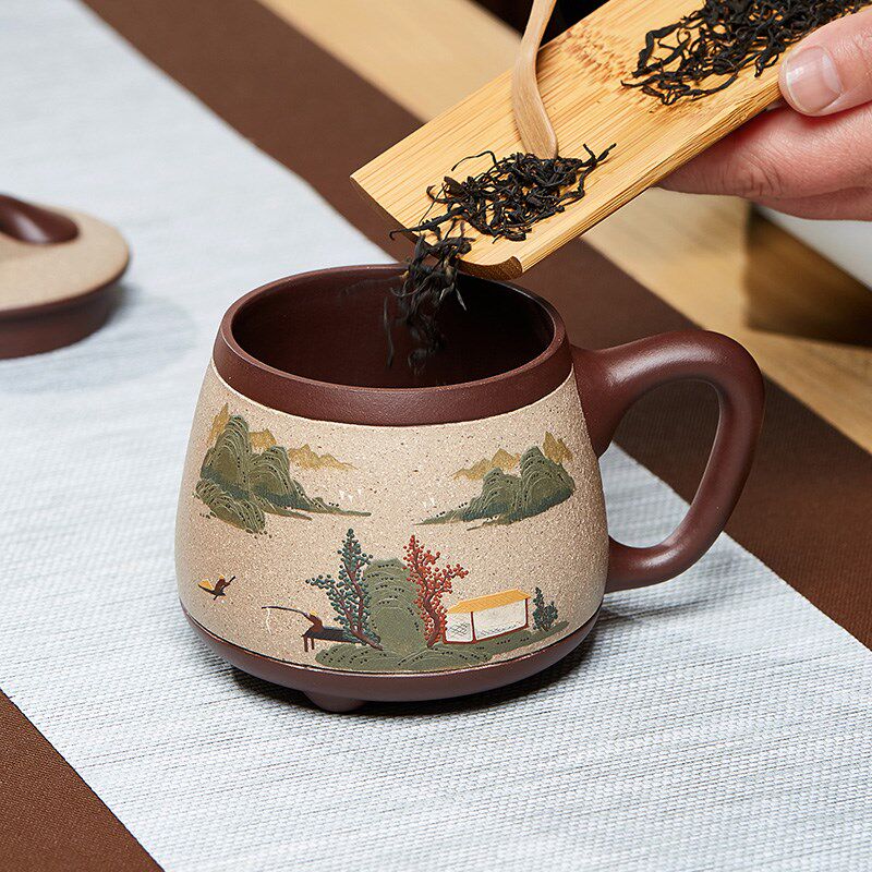 尊壶宜兴紫砂杯泥绘泡茶杯子带把盖杯家用办公大容量缸杯陶瓷茶具