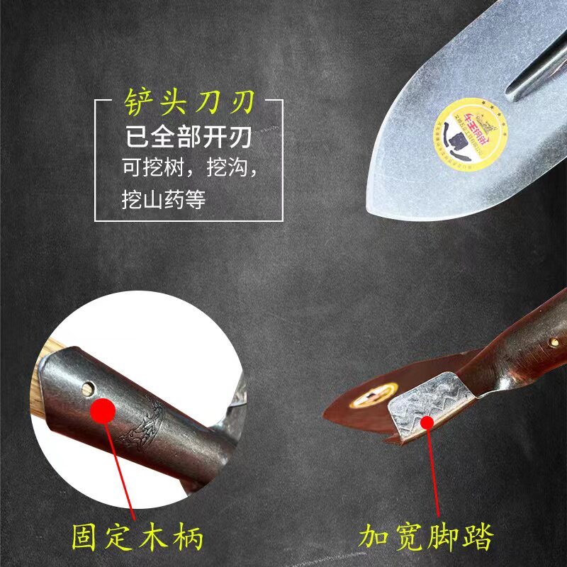 牛王锰钢加厚山药锹尖头挖葱平头挖树锹农用窄长铁锨锹头全钢铲子图片