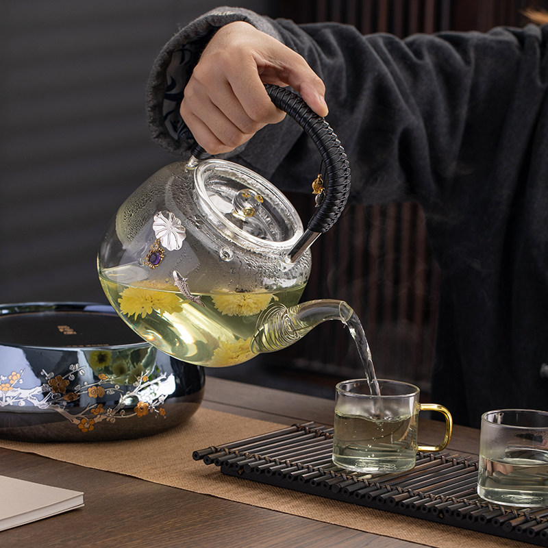 玻璃烧水壶固定手把耐高温镶银煮茶壶办公室电陶炉泡茶器家用套装