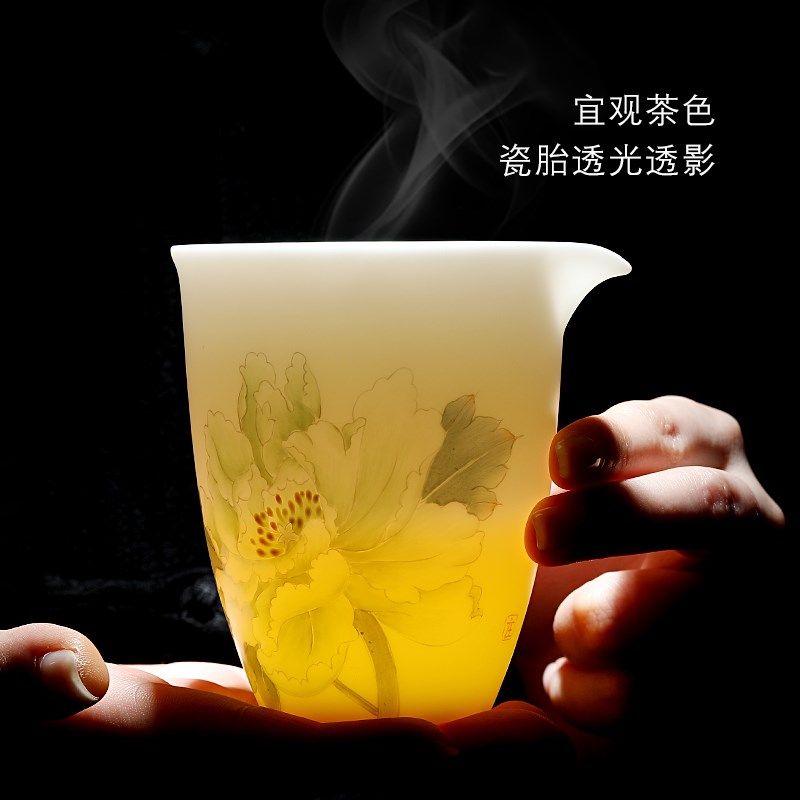 妙莲天香大师手绘牡丹公道杯羊脂玉瓷高档茶海茶水分茶器送礼自用