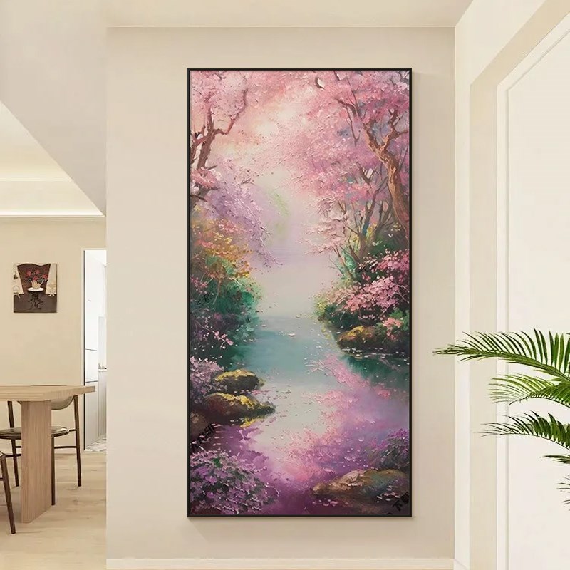 莫奈花园手绘油画玄关装饰画入户正对门挂画抽象客厅走廊过道壁画