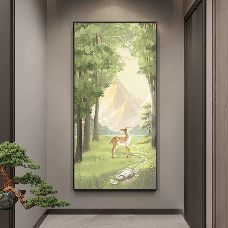 入户玄关装饰画山水风景绿植画进门走廊过道挂画竖版轻奢墙面壁画