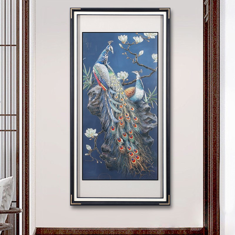 高档新中式入户玄关背景墙装饰画进门走廊过道挂画铜雕画荷花九鱼