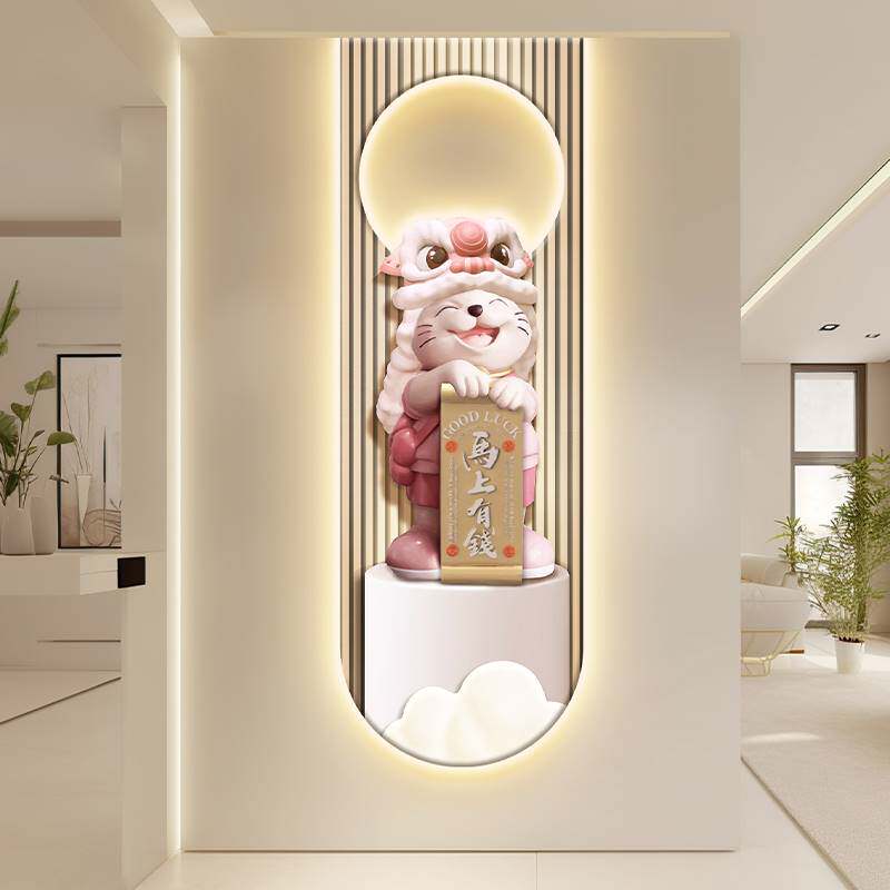 奶油风招财猫玄关装饰画醒狮客厅入户细长条挂画走廊过道带灯壁画