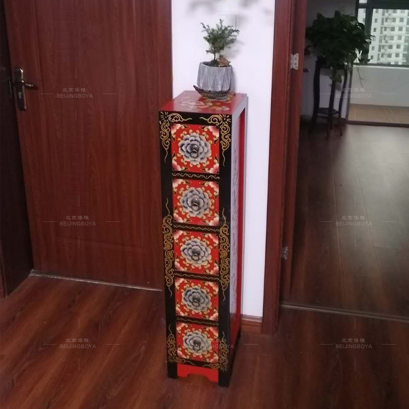 彩绘斗柜红色CD柜电视边柜摆件柜手工仿复古可定做实木中式老家具