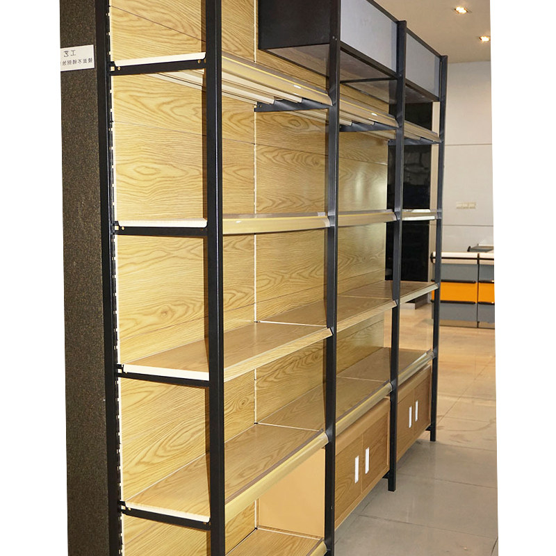 便利店单面铁质转印木纹色钢木超市货架展示架展架储物架酒柜包邮