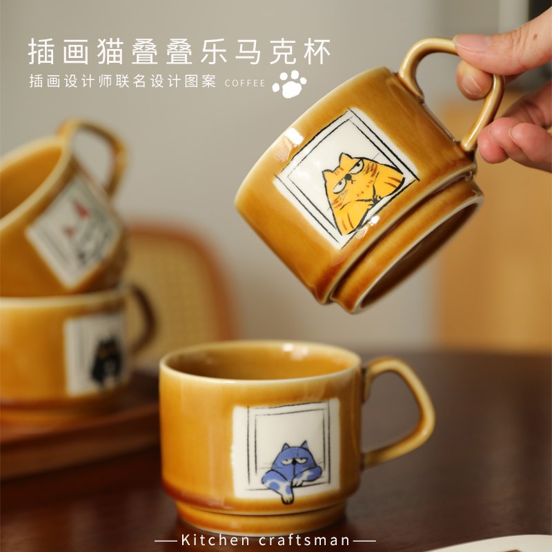治愈小猫日式可爱猫咪陶瓷马克杯拿铁拉花咖啡杯情侣杯子闺蜜礼物