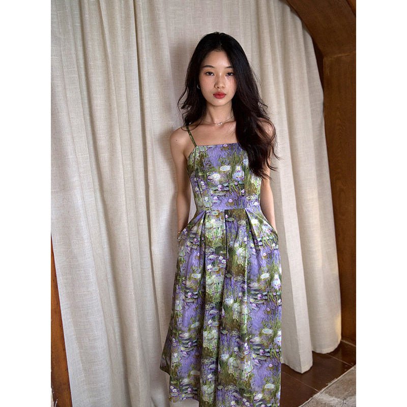 睡莲池像雾又像梦~莫奈油画吊带连衣裙夏高腰复古度假风小众