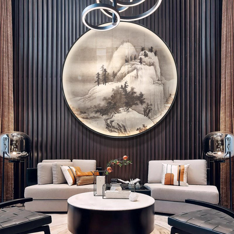 网红新中圆形风景装饰画客厅式沙发背景墙壁画入户玄关走廊过上道