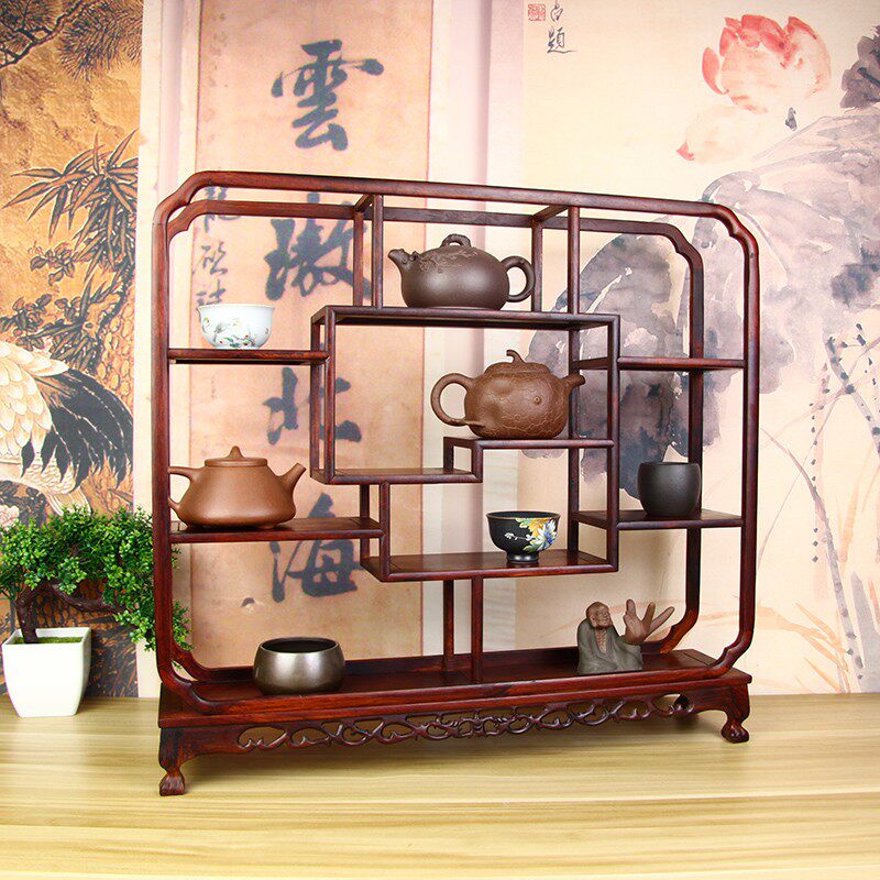 红酸枝实木博古架 茶壶紫砂壶茶具茶杯摆件收纳木架子底座多宝阁