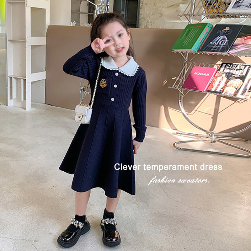 女童学院风针织裙子2024秋装新款儿童小女孩长袖毛衣连衣裙童装