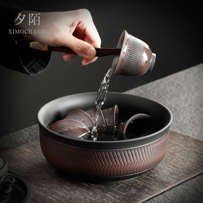紫陶茶洗大号水杯杯洗复古手工浮雕水盂家用功夫茶具茶道配件茶盆