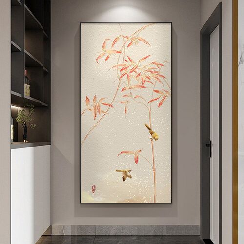 鹊上枝头入户玄关装饰画竖版新中式禅意走廊过道挂画花鸟茶室壁画