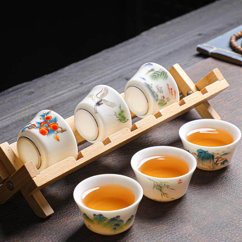 德化羊脂玉白瓷茶具6只装带杯架品茗杯喝茶碗+陶瓷多色小茶盏简约