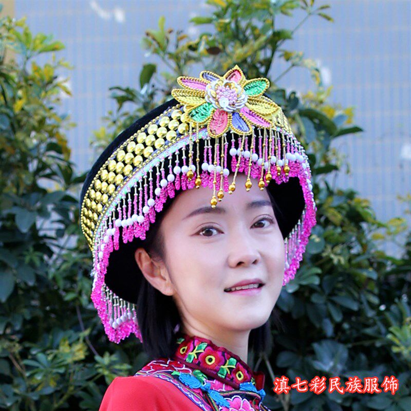 精品苗族帽黑色圆盘帽子手工串珠民族女帽云南贵州民族服装配饰帽