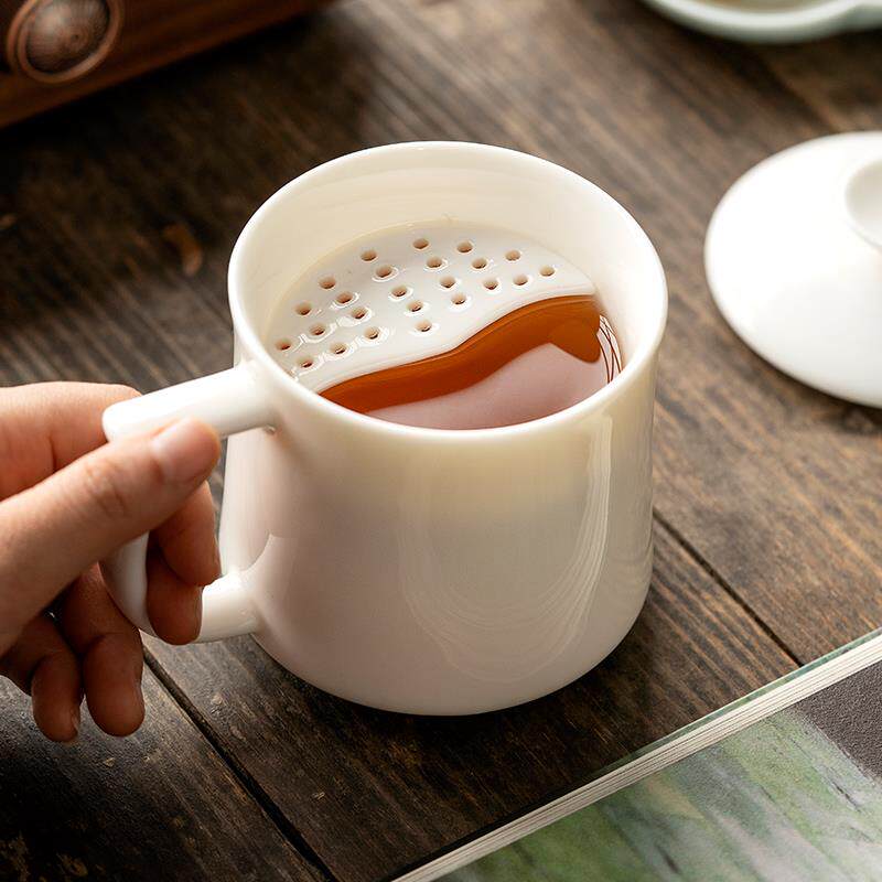 羊脂玉月牙杯过滤茶杯绿茶杯家用水杯大容量泡茶杯陶瓷白瓷办公杯