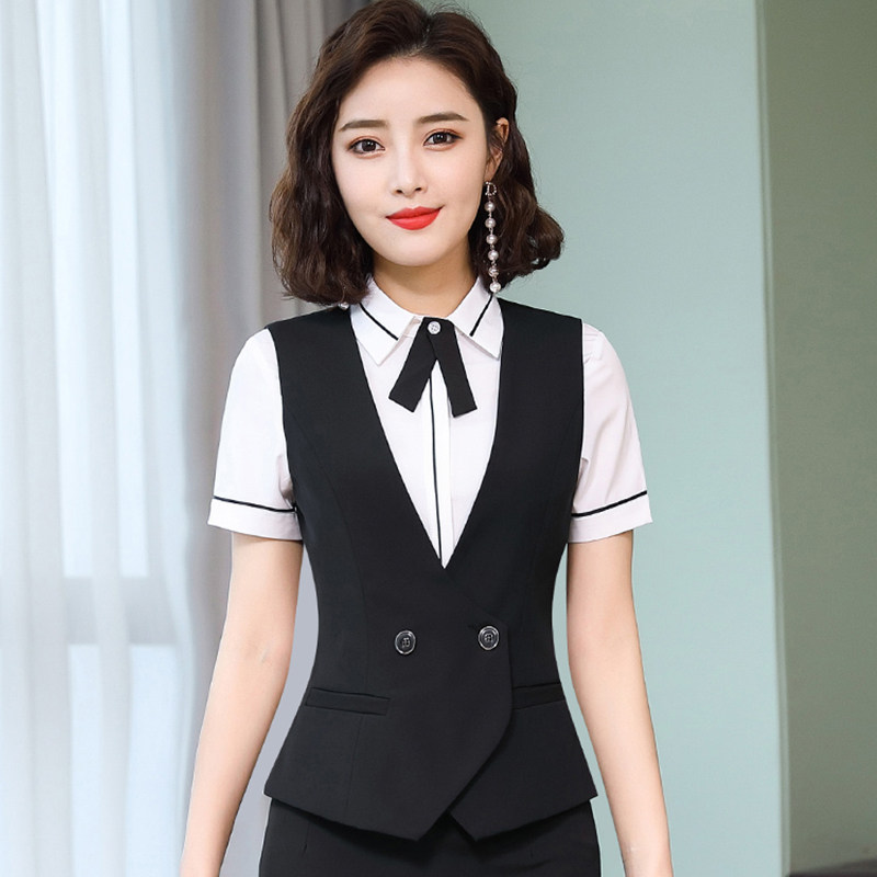 秋冬黑色短款西装马甲女士职业装套装三件套西服女马夹背心两件套