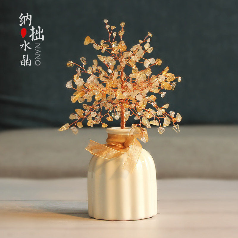 招桃花水晶树摆件招财旺姻缘工艺礼品办公室家居创意装饰乔迁粉黄