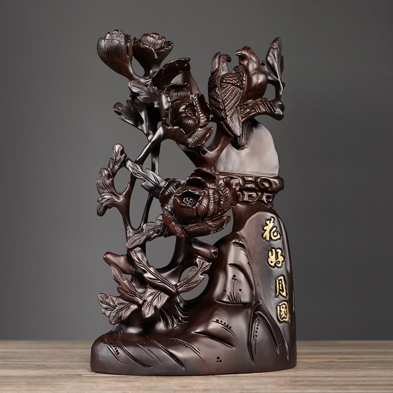 黑檀木雕花好月圆摆件喜上眉梢喜鹊雕刻工艺品家居装饰工艺品