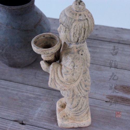古代老烛台仿古做旧出土油灯盏 复古陶俑蜡烛台成对 摄影装饰摆件