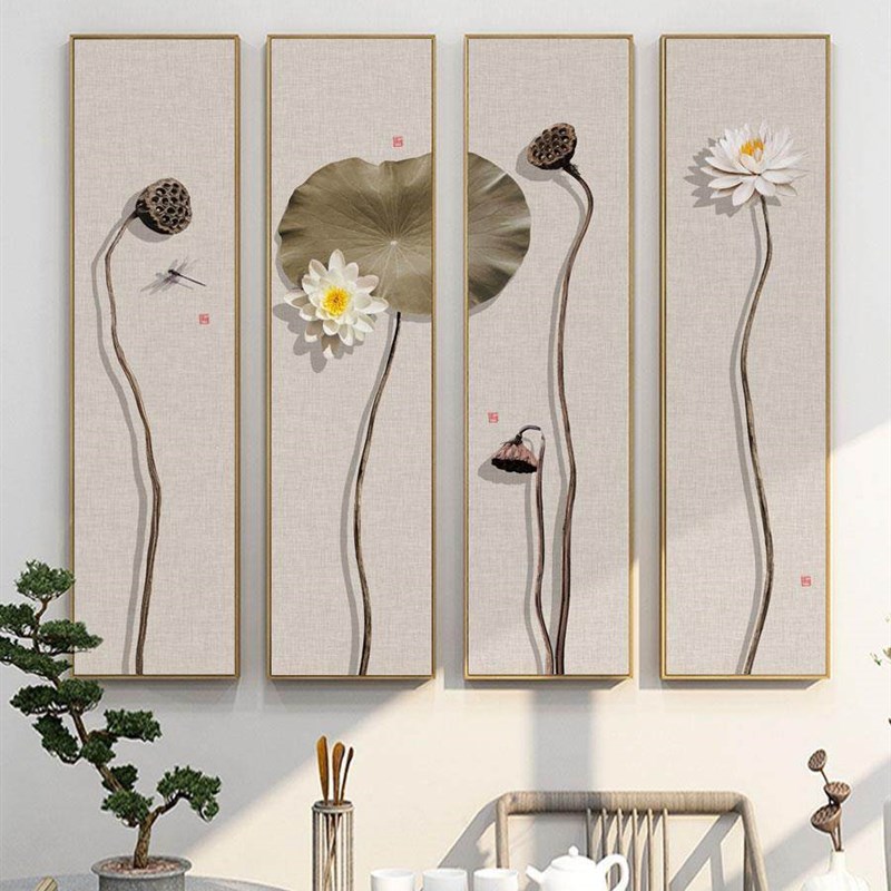 网红新式禅意荷花装饰画竖壁版四中联客厅茶墙画荷叶莲室蓬书房画