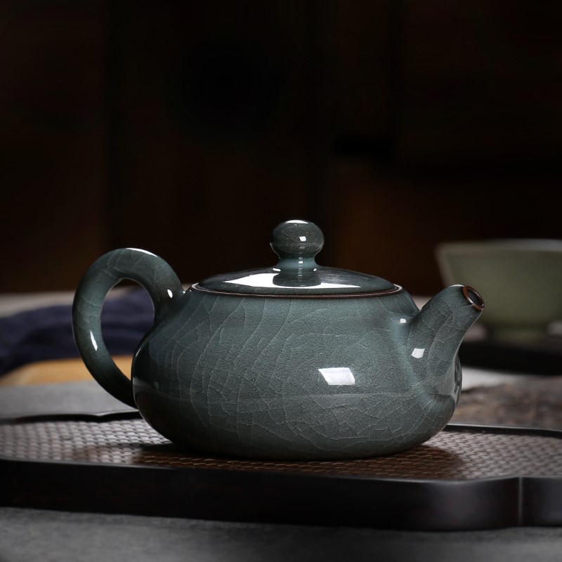 青瓷谢明东手工哥窑铁胎大号冰裂单茶壶套装泡茶功夫茶具一壶两杯