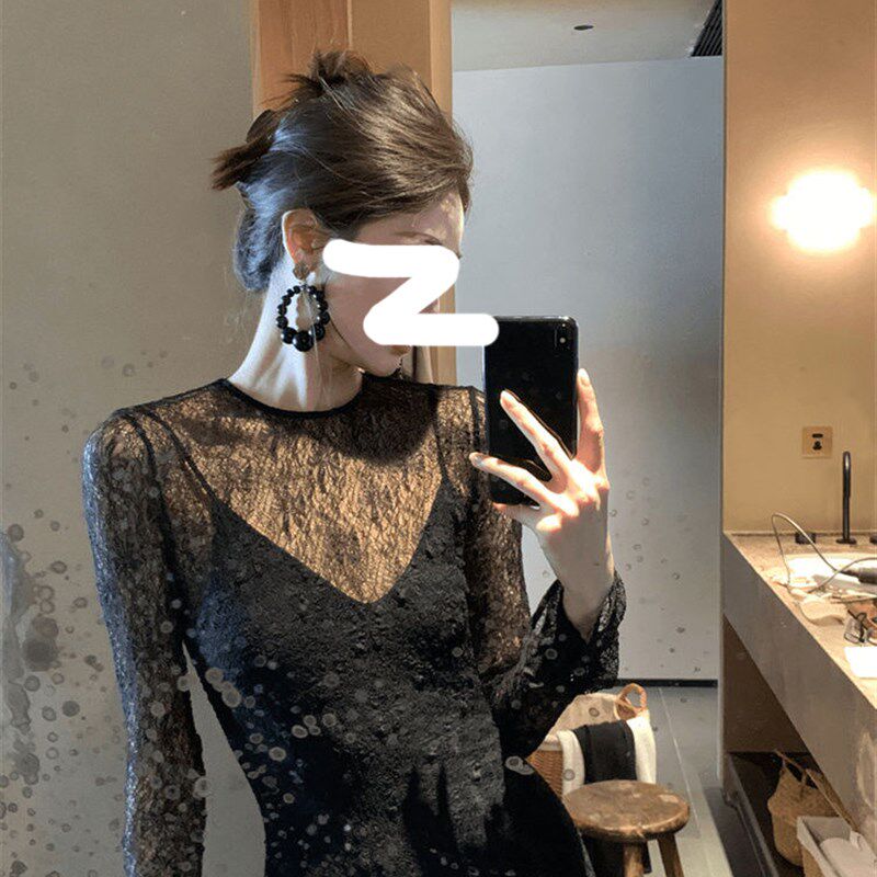 微胖大码法式洋气蕾丝内搭连衣裙黑色吊带裙两件套女夏季新款套装