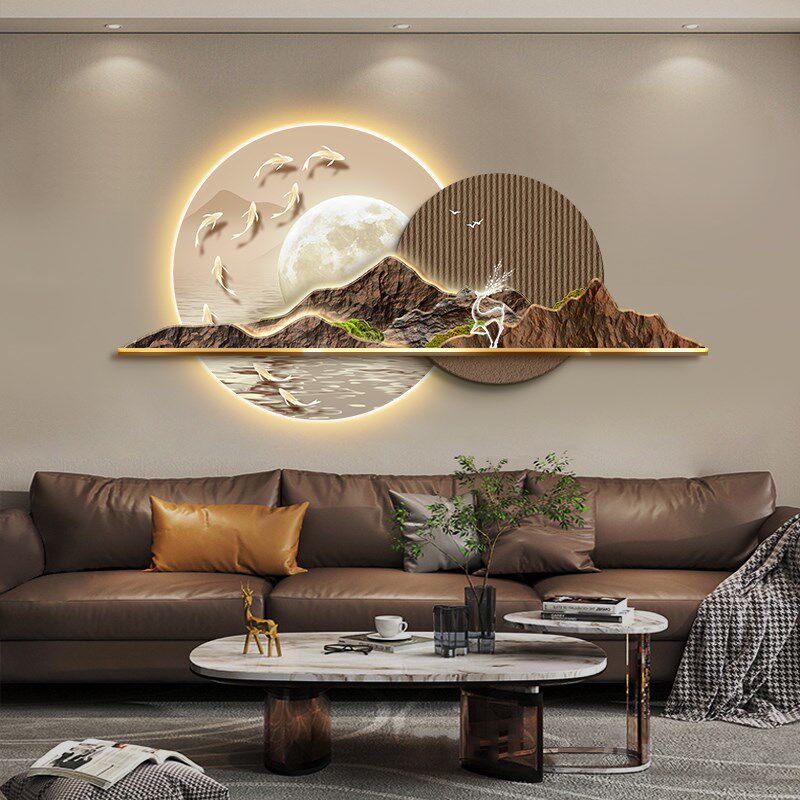 新中式九鱼图客厅装饰画大气山水画沙发背景墙挂画立体茶室墙壁画