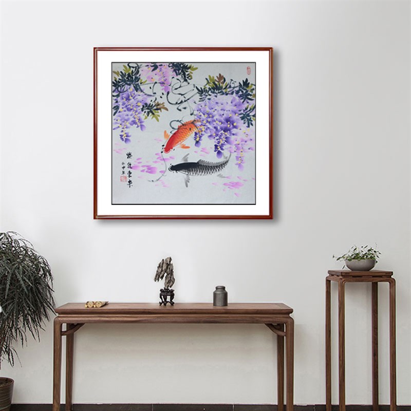 国画纯手工花鸟画精品玄关挂画斗方装饰画餐厅挂画房间书房鱼小鸟