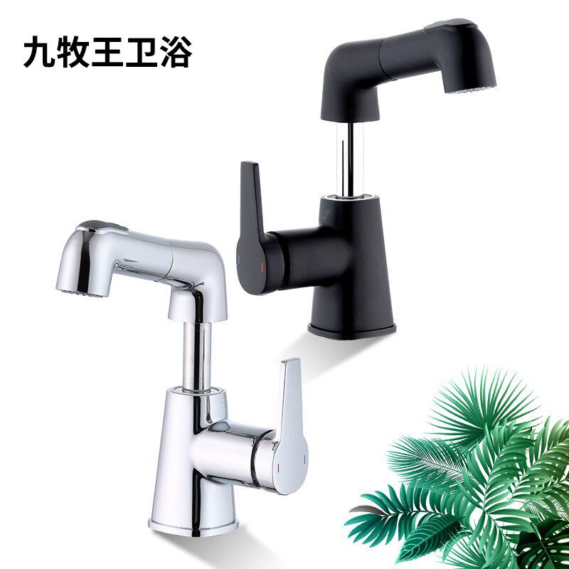 欧式面盆抽拉式升降黄铜冷热水龙头浴室柜洗脸洗面台上盆旋转龙头