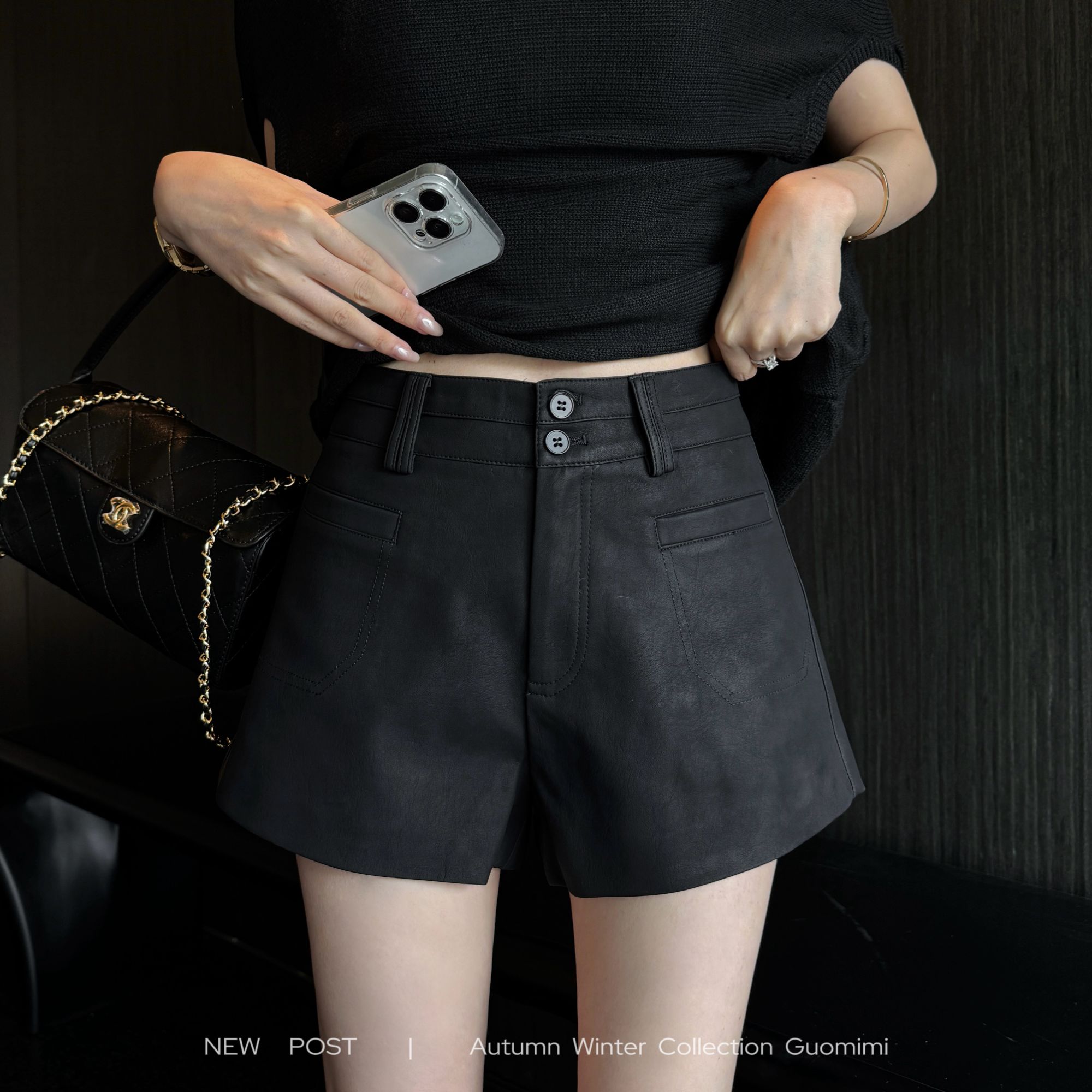 郭幂幂 FW 极简时髦|双纽扣阔腿哑光PU皮显瘦百搭a字短裤女秋新款
