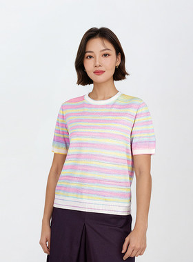 【悟空粉丝专享】彩色渐变条纹圆领女士针织衫时尚百搭1N2097