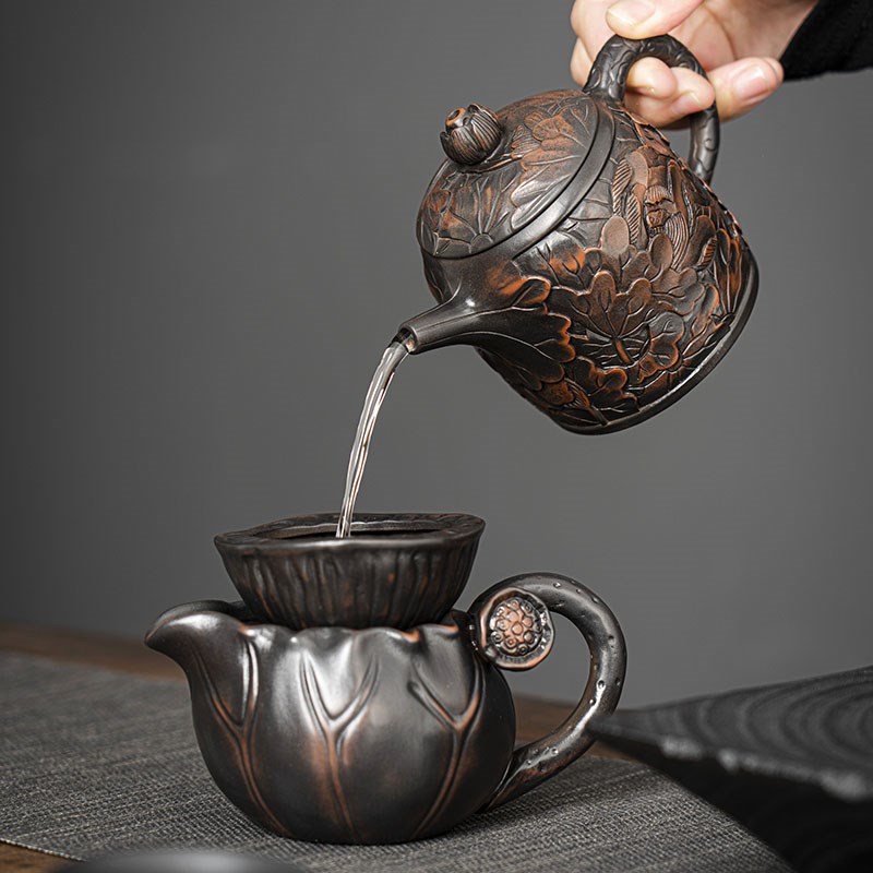 紫陶茶壶大容量单壶纯手工功夫茶具陶瓷家用泡茶壶浮雕复古泡茶器