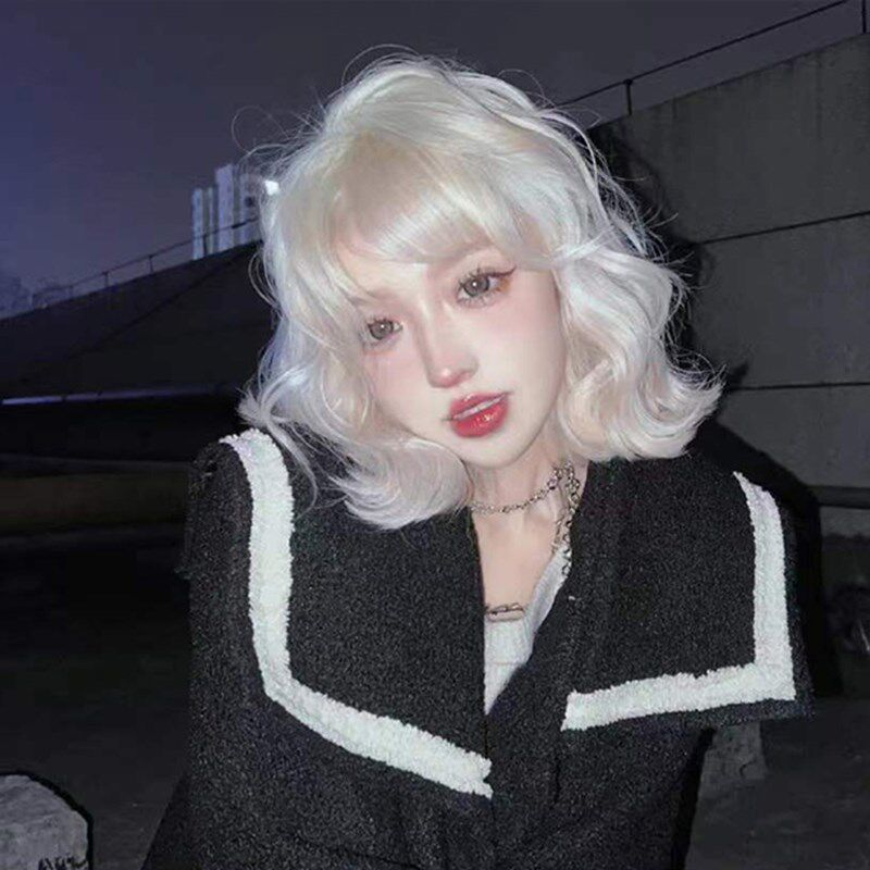 网红主播假发女羊毛卷个性银白色短发锁骨自然短卷发玉米卷全发套