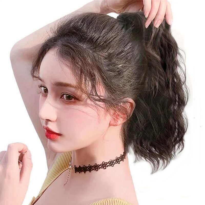 云朵烫马尾真发抓夹式假发水波纹自然卷发短款蓬松绑带式马尾辫子