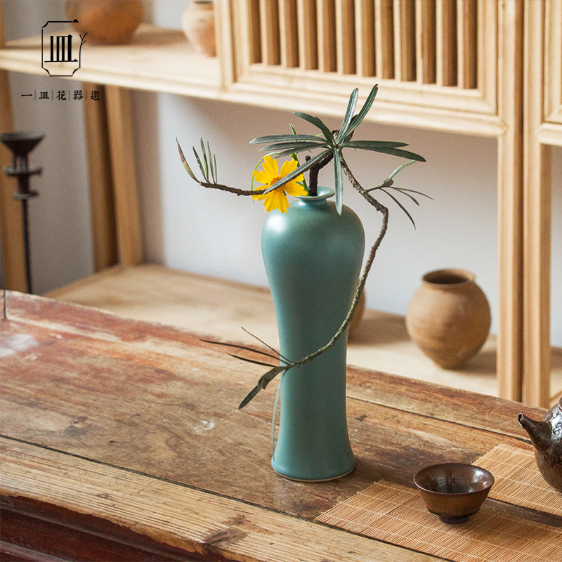 仿古梅瓶陶瓷孔雀蓝绿插花花瓶花器日式禅意器皿中式花艺干花摆件