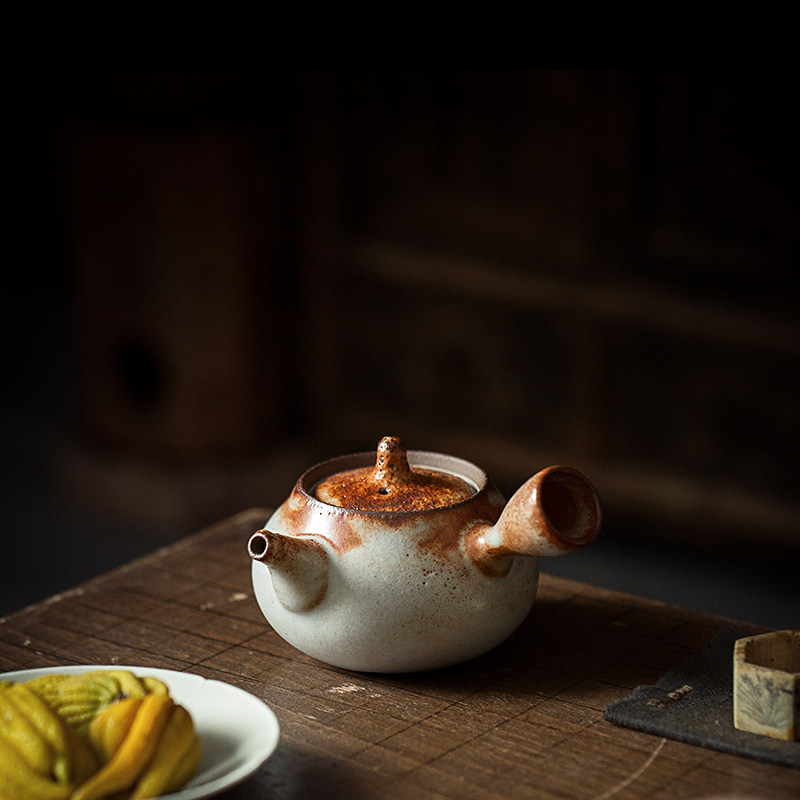 日式窑变志野烧壶 原矿侧把泡茶壶 粗陶复古过滤泡茶器 功夫茶具