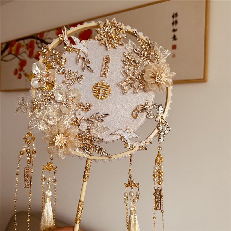 结婚喜扇新娘新中式婚礼红色高端闪婚纱摄影道具DIY成品秀禾扇子