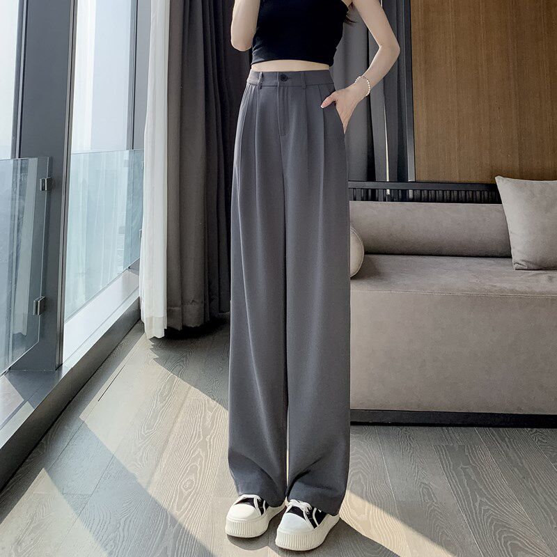 灰色西装裤女春秋高腰垂感梨形身材显瘦小个子直筒休闲窄版阔腿裤