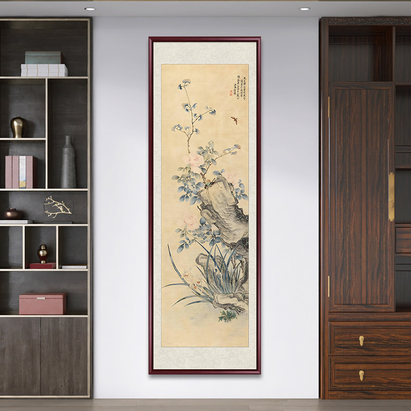 国画兰石图仿古字画玄关装饰画新中式客厅茶室背景墙风景竖款壁画