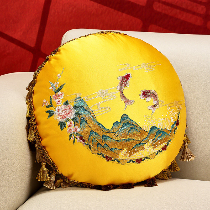 新中式圆形流苏抱枕靠枕高档客厅沙发腰枕靠垫含芯中国风床头靠背