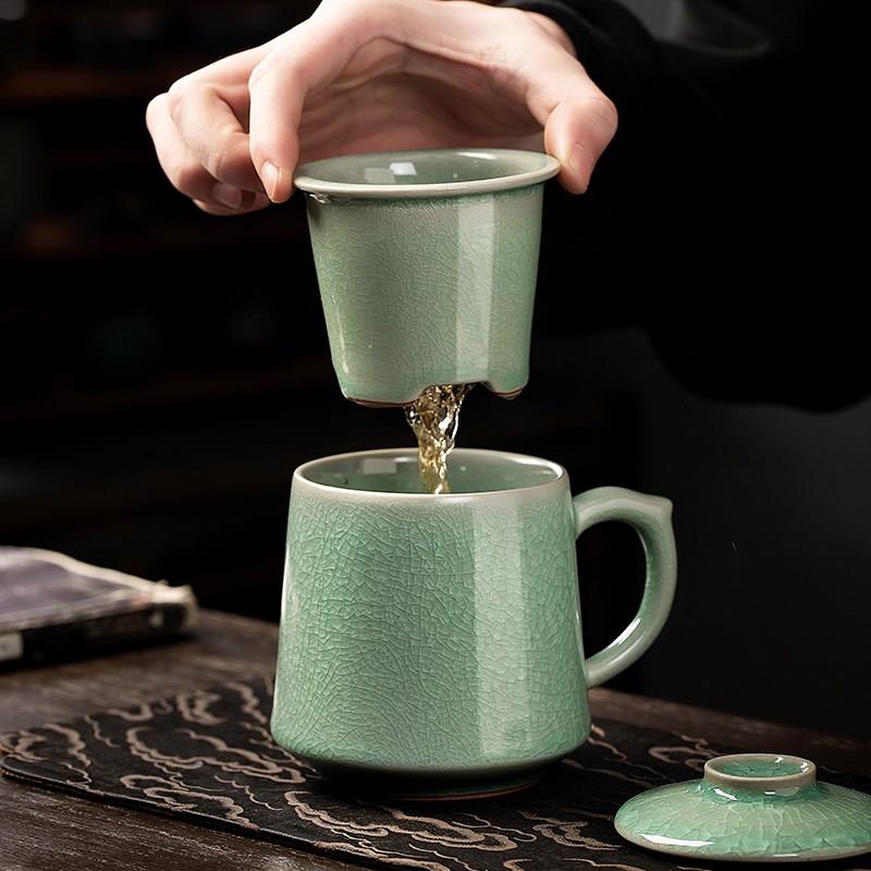 金镶玉汝窑冰裂陶瓷茶杯男款水杯办公杯冰花开片泡茶茶水分离茶具