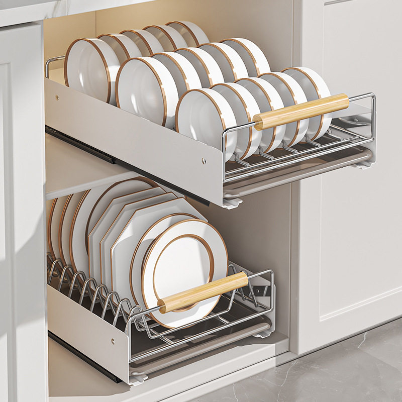 不锈钢厨房碗碟收纳架餐具拉篮下水槽橱柜碗盘沥水架带滑轨接水盘
