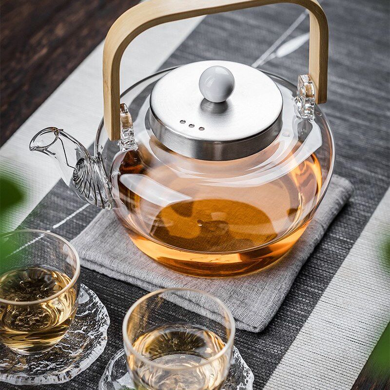 奇高耐高温玻璃花茶壶不锈钢盖煮茶壶欧式烧水壶木把提梁壶电陶炉