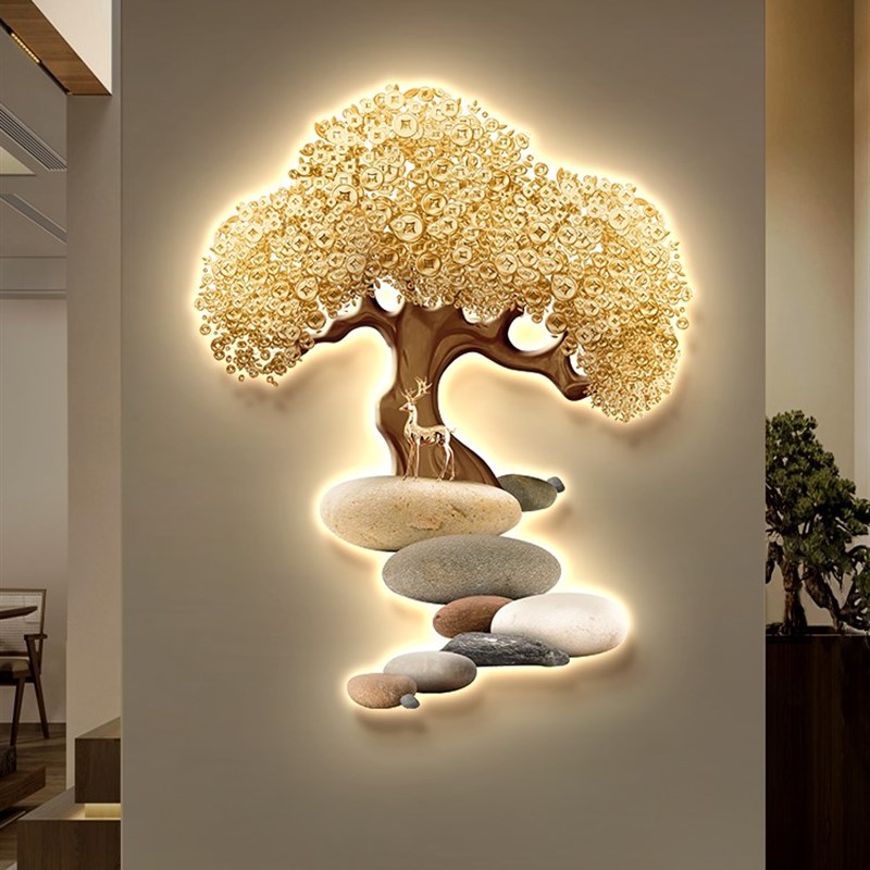 发财树入户玄关装饰画对门过道走廊吉祥鹿led壁灯画发光简约挂画