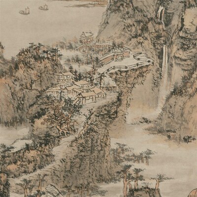 高清复刻清四僧石溪髡残层岩叠壑图国画禅意山水画艺术微喷装饰画